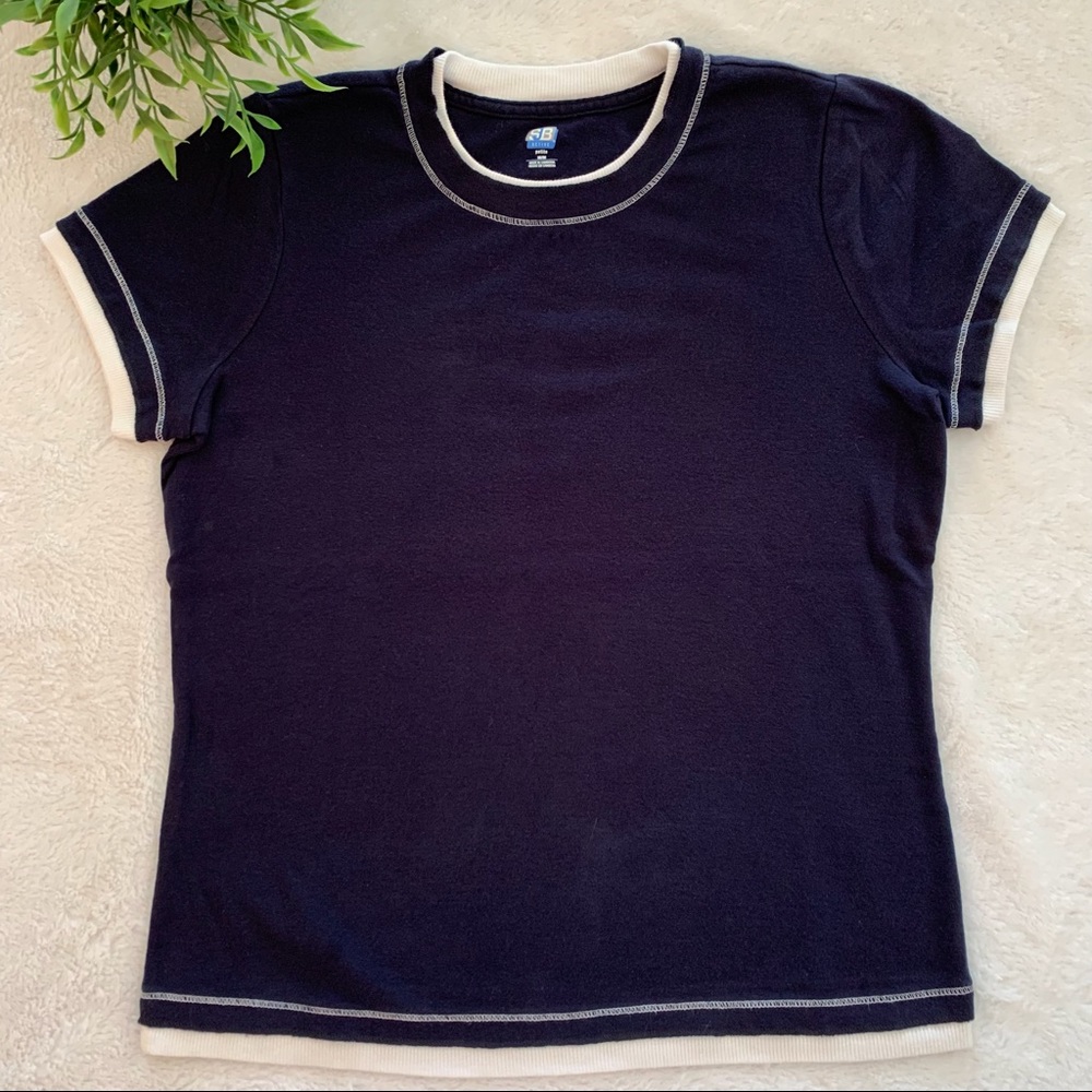 $3 for $15.  Navy blue crew neck t-shirt with white trim.  PM